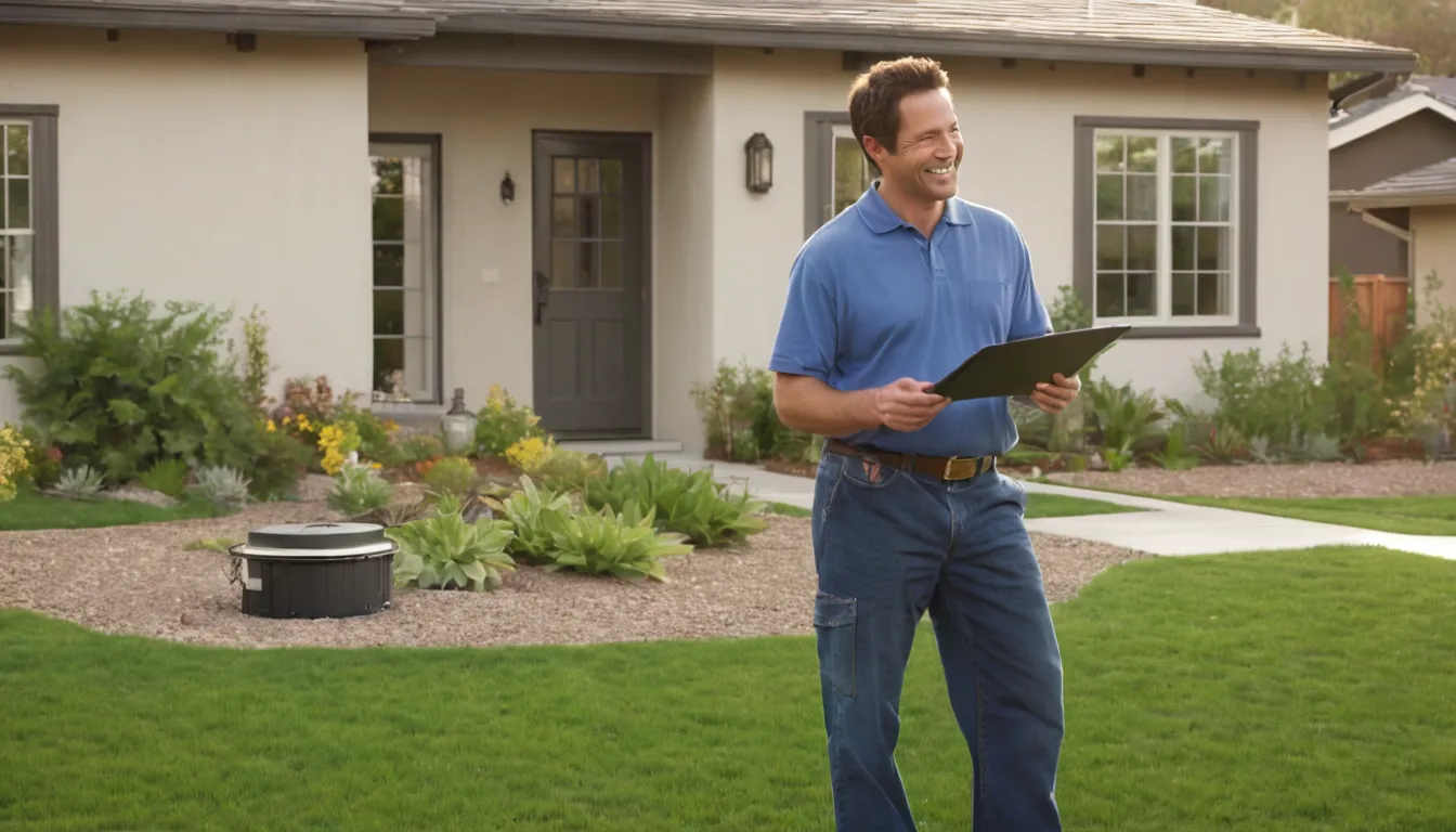 A friendly provider explaining a septic tank access lid to a homeowner in a Roseville front yard
