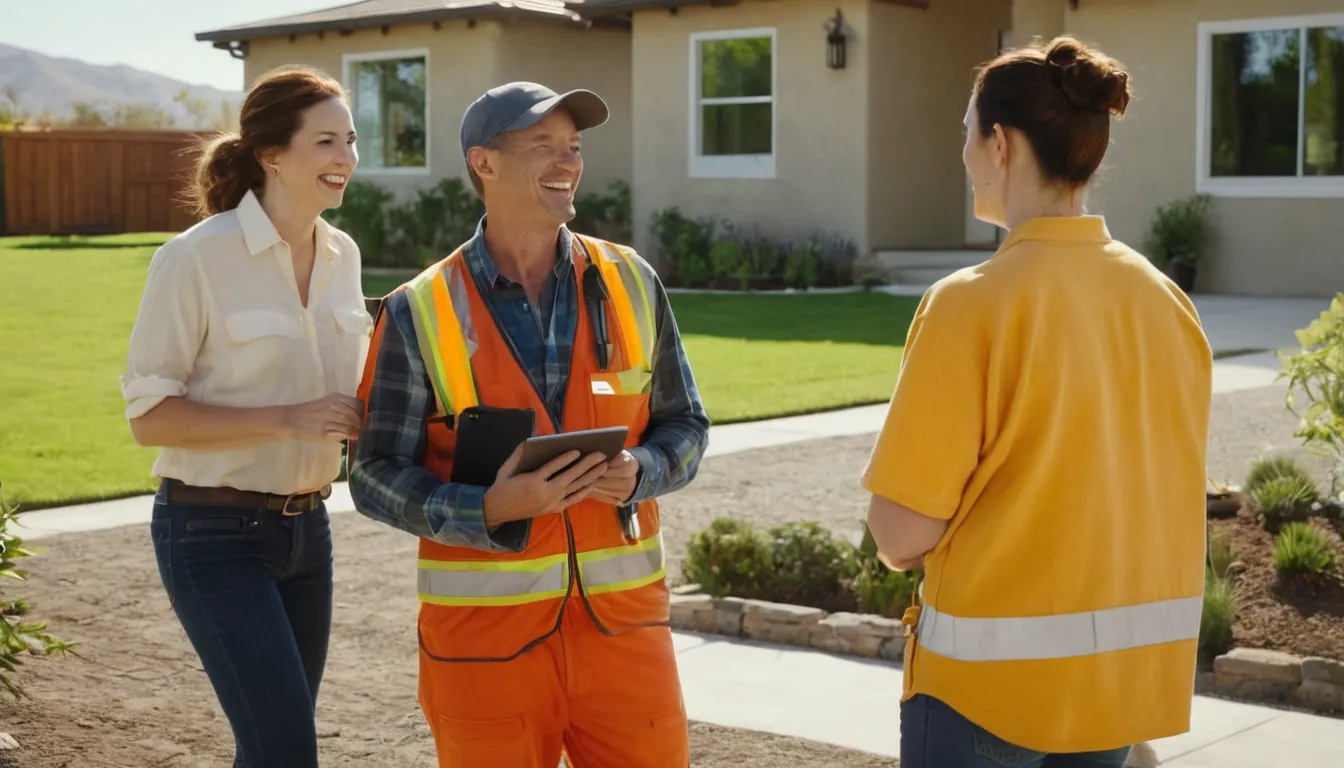 A friendly septic provider talking with a homeowner beside an open tank lid in a backyard in the Roseville area