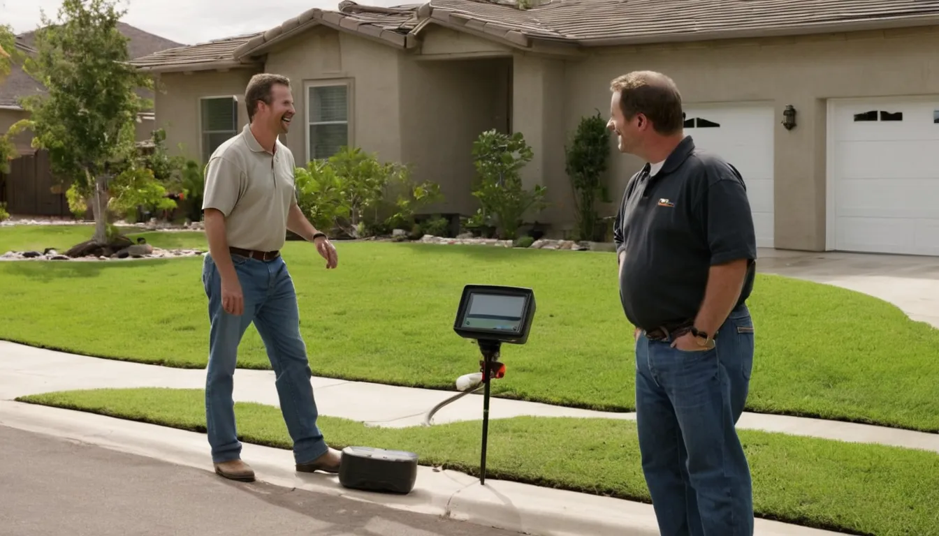 A local provider and a homeowner reviewing a sewer camera inspection screen in a front yard in the Roseville area